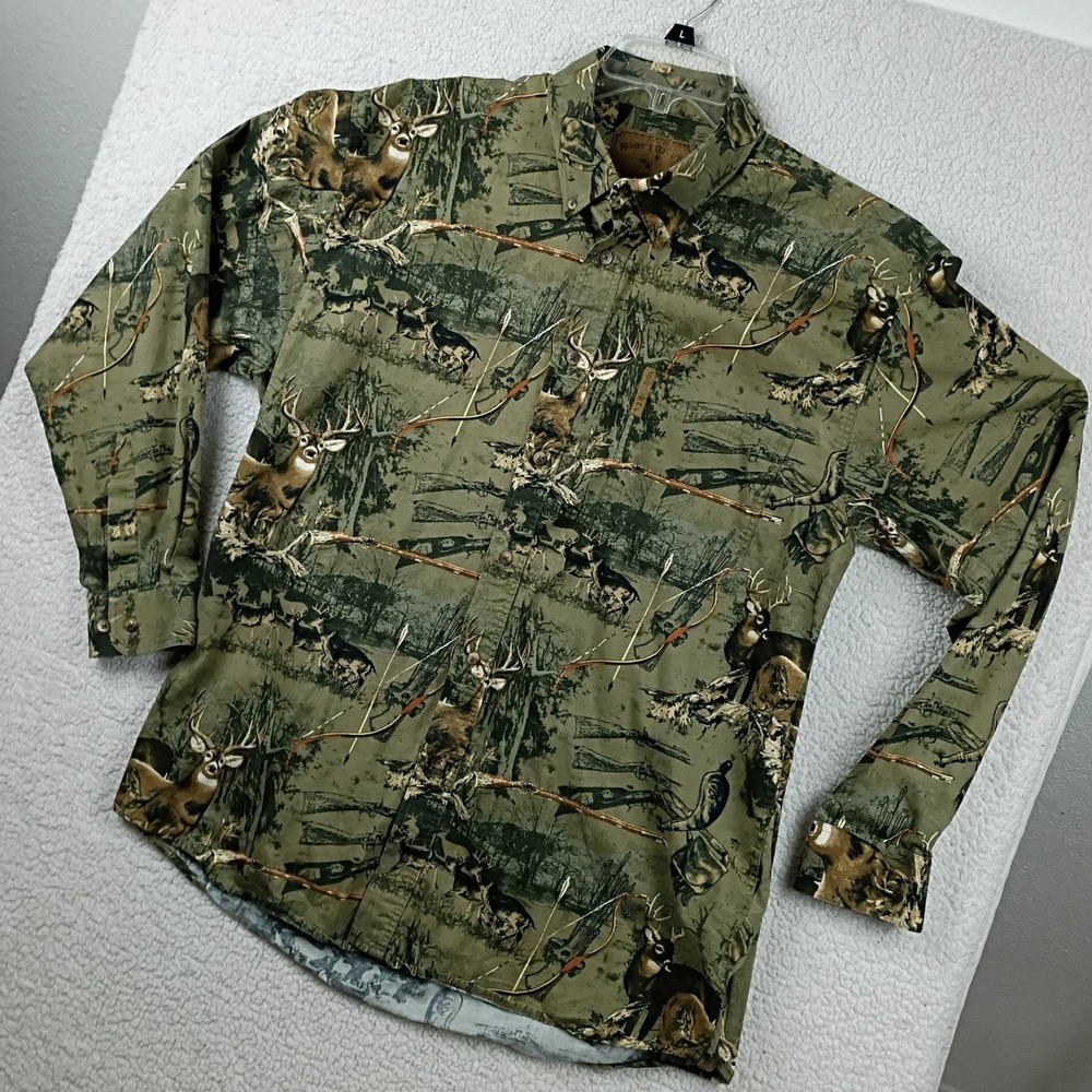 North River Button Down Shirt Men Large Green Deer Hunting Wildlife Print Cotton